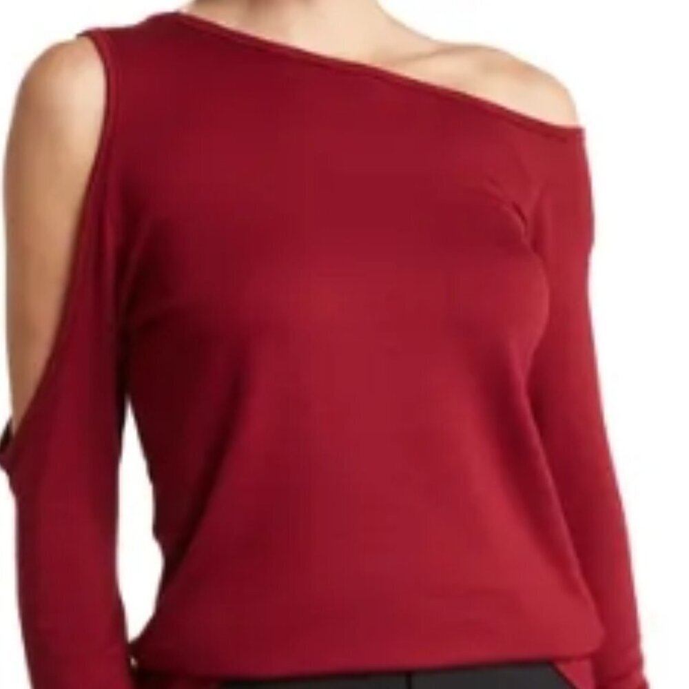 GO COUTURE Asymmetrical Open Drop Shoulder Top Burgandy Small NWOT